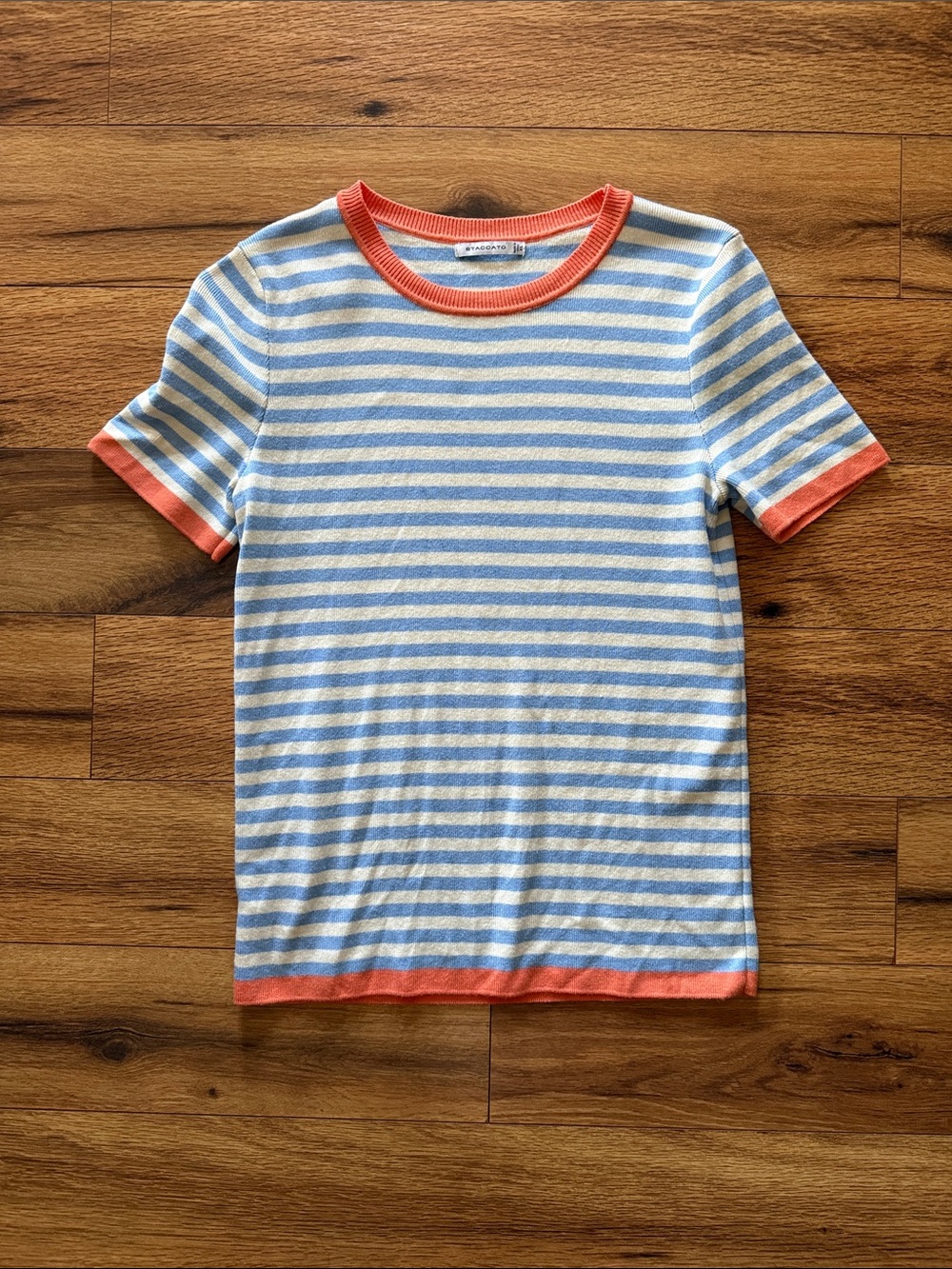 Striped Short Sleeve Tee in Light Blue and White with Coral Trim